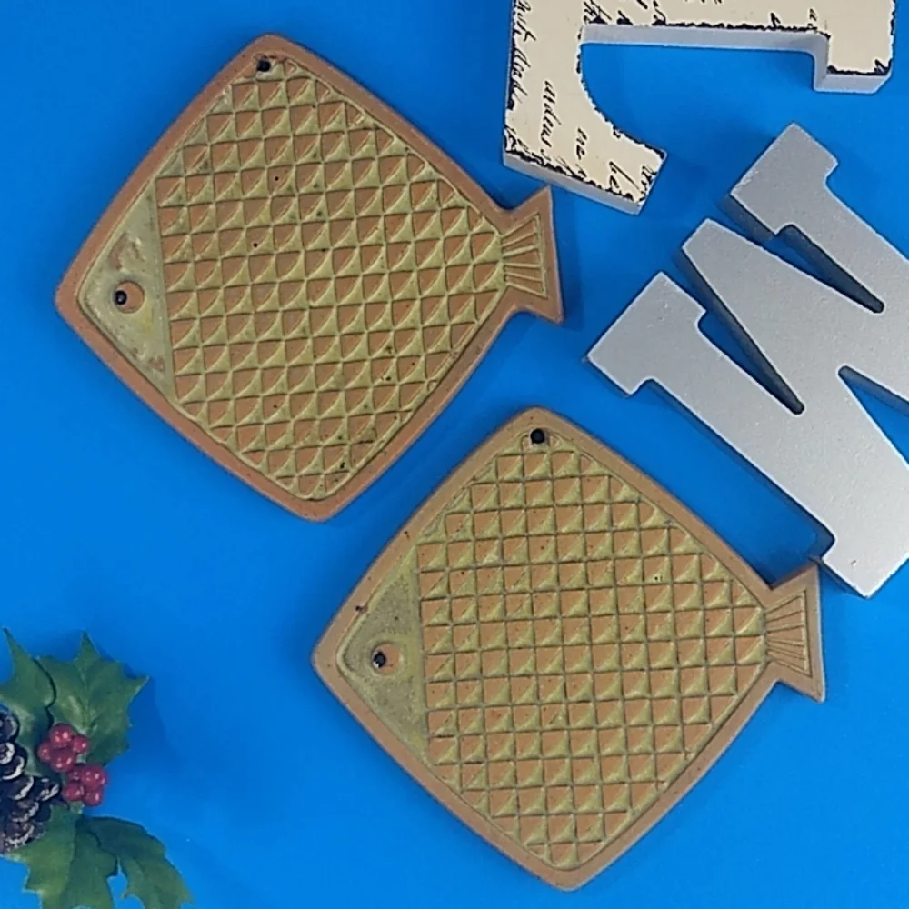 1970s Handmade Fire glazed fish pottery set OF 2 Fish Shaped Trivets